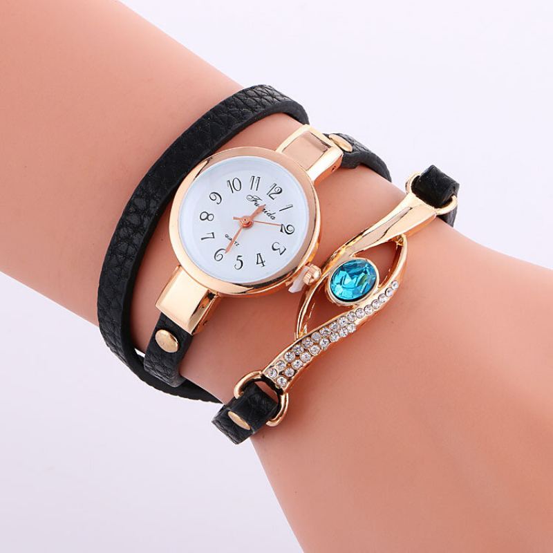 Retro Pu Strap Drahokamu Vícevrstvé Hodinky Metal Blue Crystal Nastavitelné Quartz