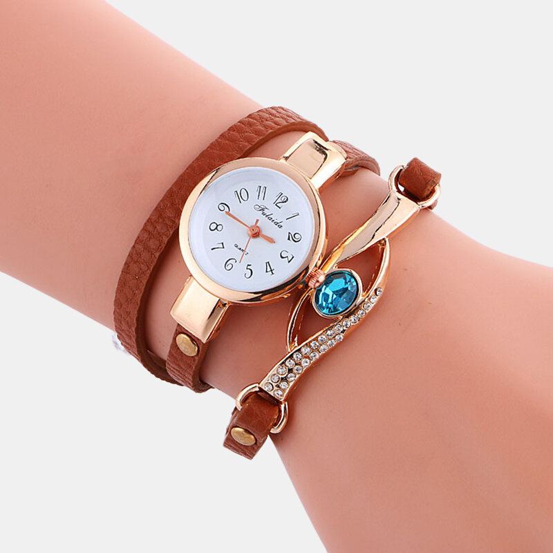 Retro Pu Strap Drahokamu Vícevrstvé Hodinky Metal Blue Crystal Nastavitelné Quartz