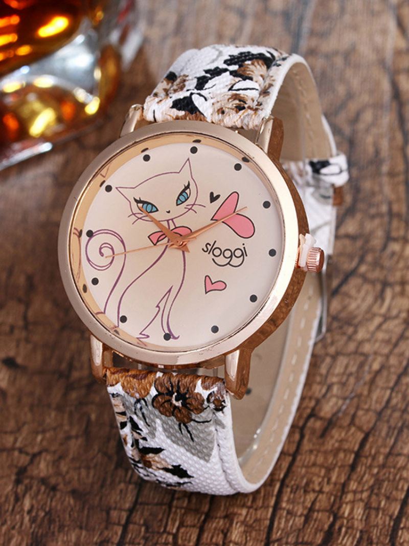 Trendy Dámské Náramkové Hodinky Z Pu Koženého Náramku Cat Flower Retro Quartz Pro Ni