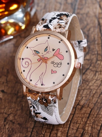 Trendy Dámské Náramkové Hodinky Z Pu Koženého Náramku Cat Flower Retro Quartz Pro Ni