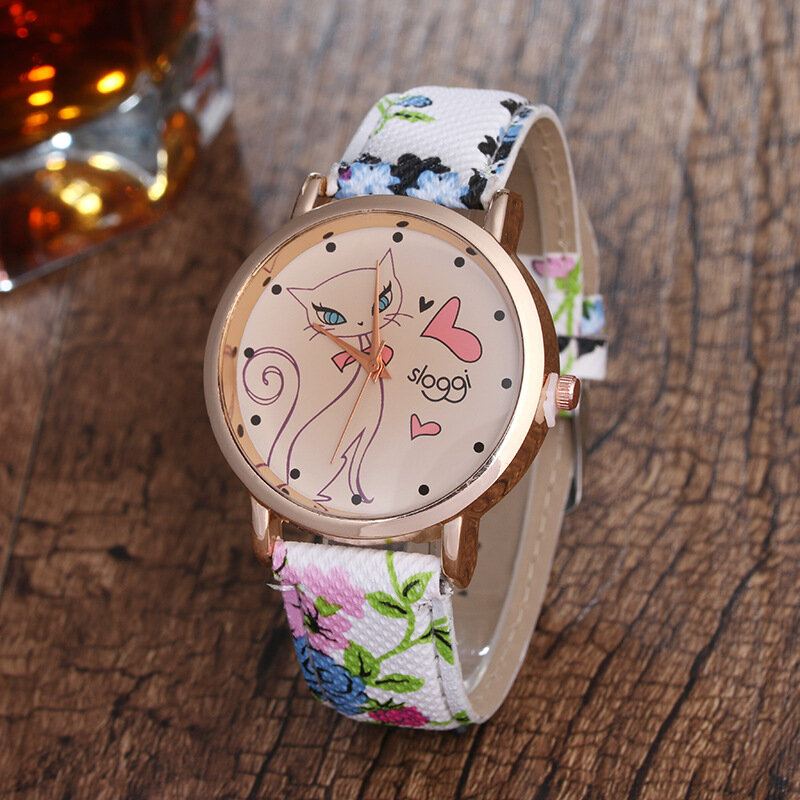 Trendy Dámské Náramkové Hodinky Z Pu Koženého Náramku Cat Flower Retro Quartz Pro Ni