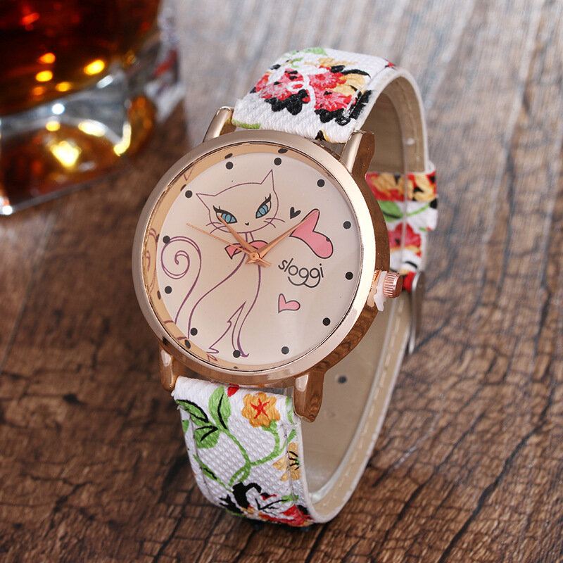 Trendy Dámské Náramkové Hodinky Z Pu Koženého Náramku Cat Flower Retro Quartz Pro Ni