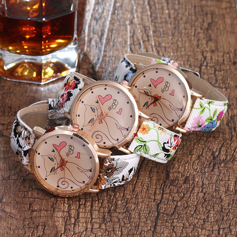 Trendy Dámské Náramkové Hodinky Z Pu Koženého Náramku Cat Flower Retro Quartz Pro Ni