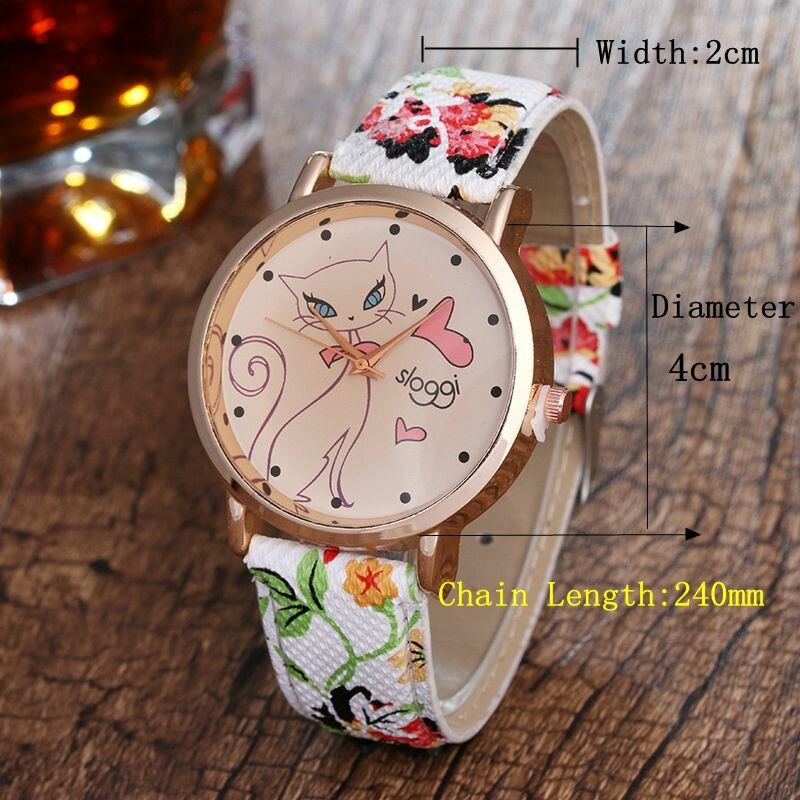 Trendy Dámské Náramkové Hodinky Z Pu Koženého Náramku Cat Flower Retro Quartz Pro Ni