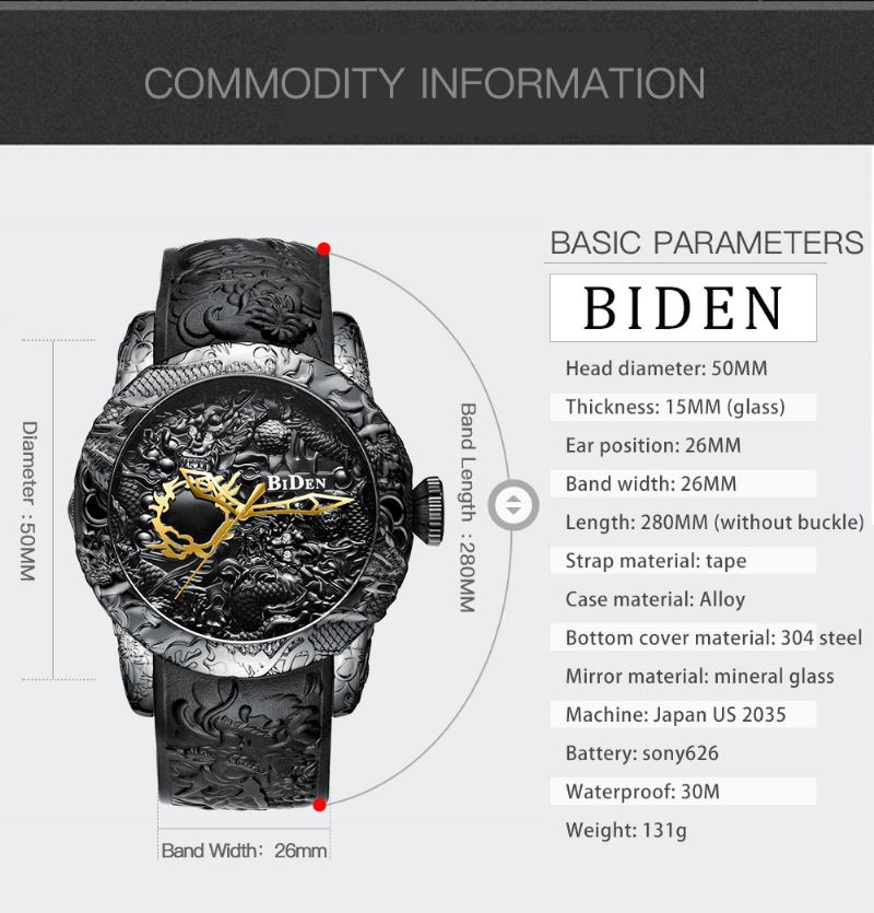 Značka Pánské Hodinky Biden Fashion 3d Gravírované Dragon Quartz Vodotěsné Sportovní Hodiny Relogio Masculino