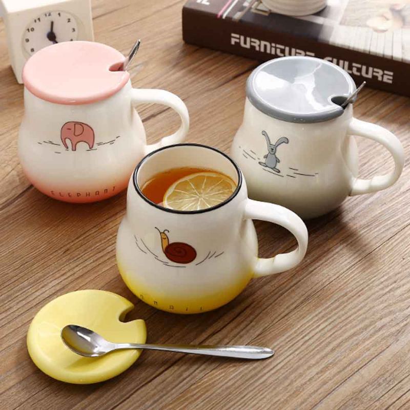 Cartoon Pot Bellied Hrnky Gradient Color With Cover Lopatka Lovely Ceramic Animal Hrnek 401-500ml