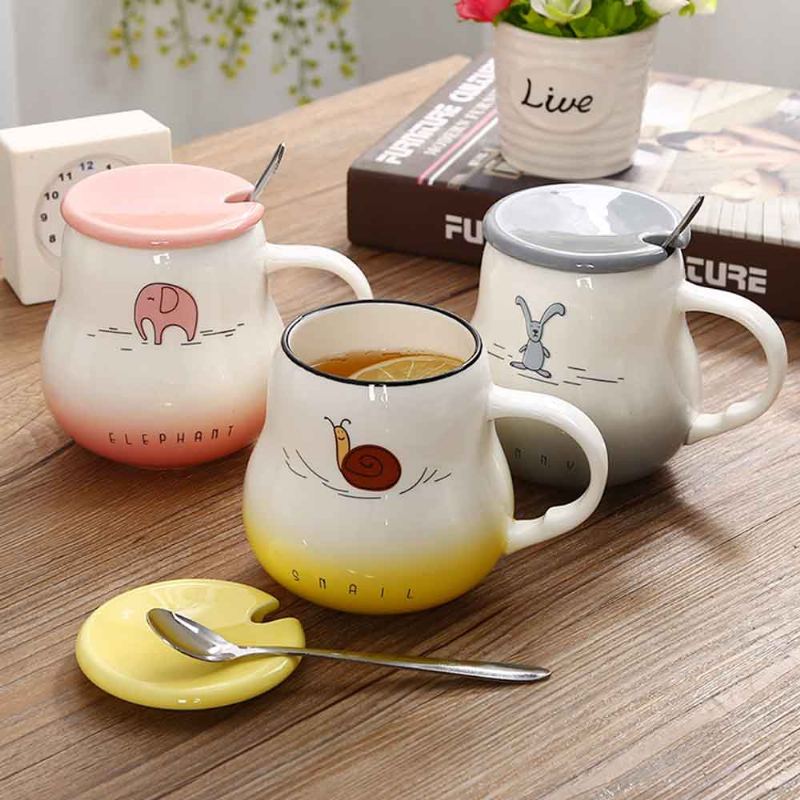 Cartoon Pot Bellied Hrnky Gradient Color With Cover Lopatka Lovely Ceramic Animal Hrnek 401-500ml