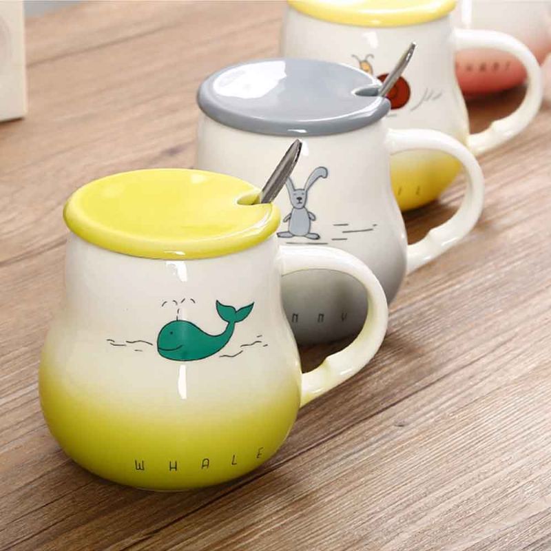 Cartoon Pot Bellied Hrnky Gradient Color With Cover Lopatka Lovely Ceramic Animal Hrnek 401-500ml