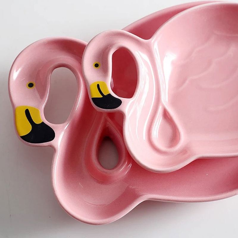 Porcelánový Talíř Flamingo Tvar Duté Nádobí Na Rýžové Svačiny Elegantní Tác Nepravidelná Miska