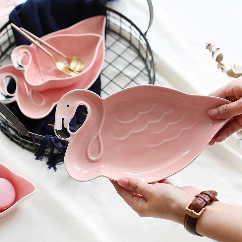 Porcelánový Talíř Flamingo Tvar Duté Nádobí Na Rýžové Svačiny Elegantní Tác Nepravidelná Miska