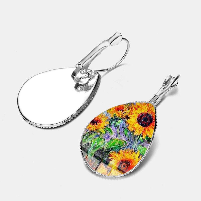 Bohemian Sun Flower Print Náušnice Tvar Kapky Vody Slunečnice Gem Mount Náušní Háček Ženy Šperky Dárky