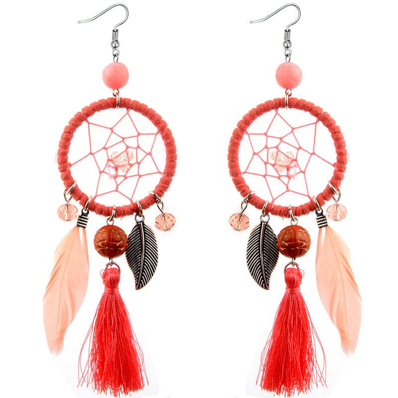 Dlouhé Náušnice S Přívěskem Bohemian Geometric Dreamcatcher Tyrkysové S Kovovým Střapcem