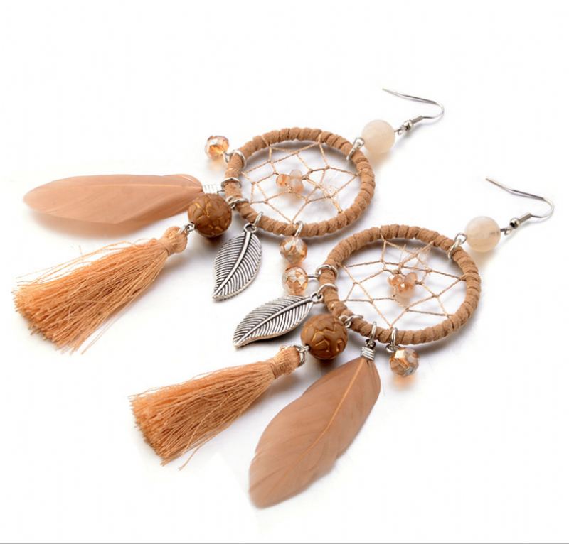 Dlouhé Náušnice S Přívěskem Bohemian Geometric Dreamcatcher Tyrkysové S Kovovým Střapcem