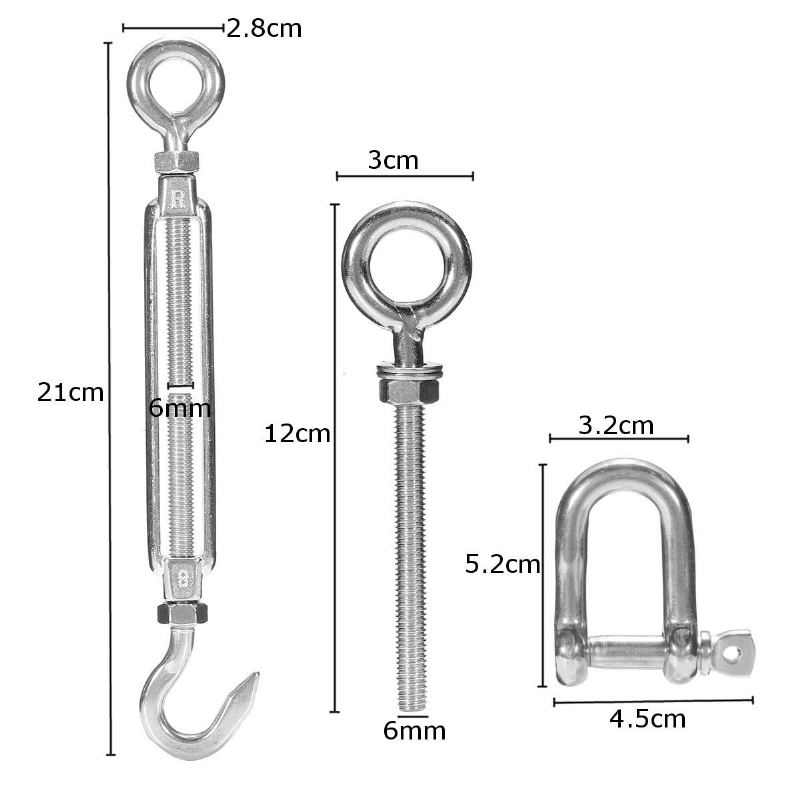 12ks/sada Shade Sail Kit 6mm Nerezová Námořní 4-bodová Čtvercová Obdélníková Tkanina