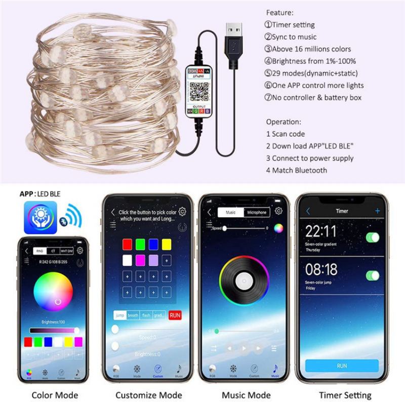 Led String Light Bluetooth Aplikace Pro Mobilní Telefon Ovládací Světla Řetězová Vánoční Dekorace Rgb Plnobarevné Světlo Z Měděného Drátu