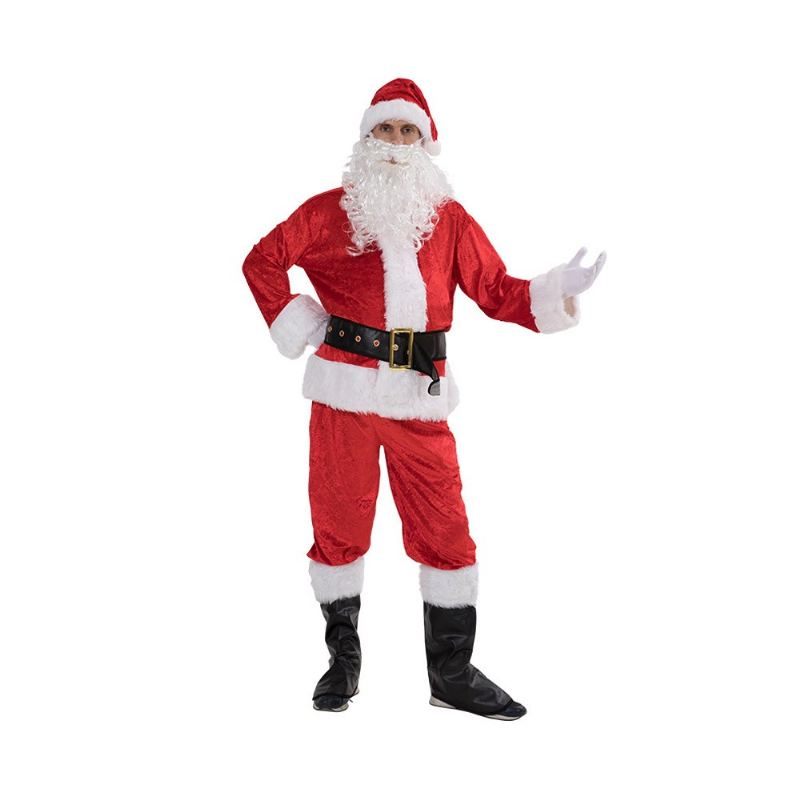 Sada Vánočních Kostýmů Čepice Topy Kalhoty V Pase S Přezkou Černé Boty Rukavice Fousy 7 Kusů Souprava Pro Dospělé Santa Claus Na Vánoční Večírek Cosplay Party