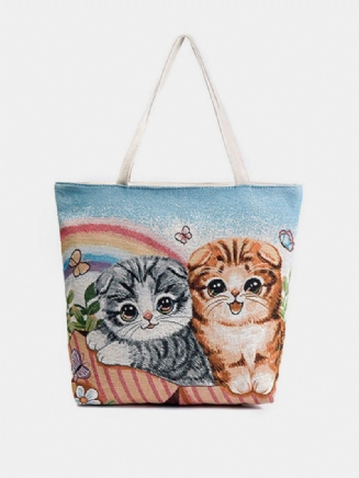 Canvas Cute Cat Pattern Tote Kabelka Přes Rameno Pro Ženy