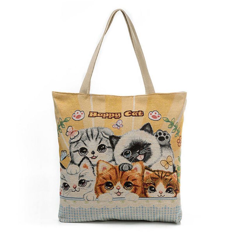 Canvas Cute Cat Pattern Tote Kabelka Přes Rameno Pro Ženy