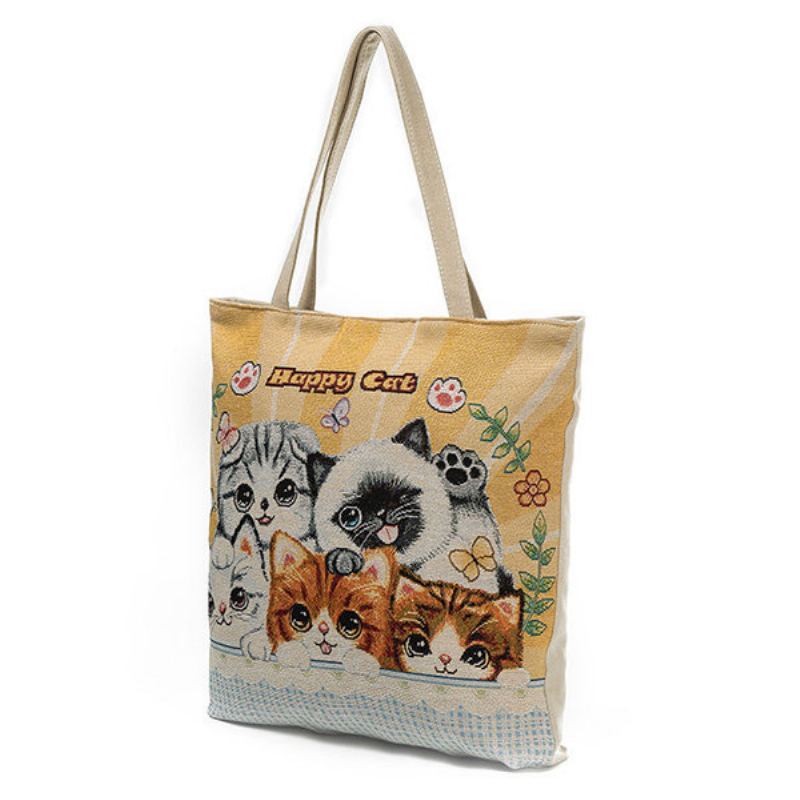 Canvas Cute Cat Pattern Tote Kabelka Přes Rameno Pro Ženy