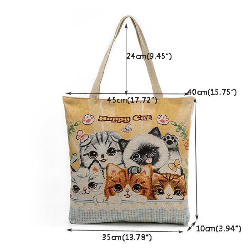 Canvas Cute Cat Pattern Tote Kabelka Přes Rameno Pro Ženy