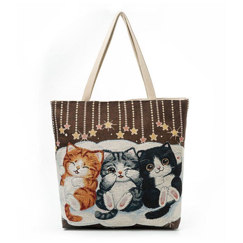 Canvas Cute Cat Pattern Tote Kabelka Přes Rameno Pro Ženy