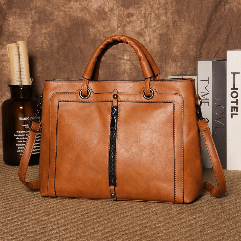 Dámská Kabelka Z Pu Kůže Square Tote Bag Oil Leather Crossbody Bag