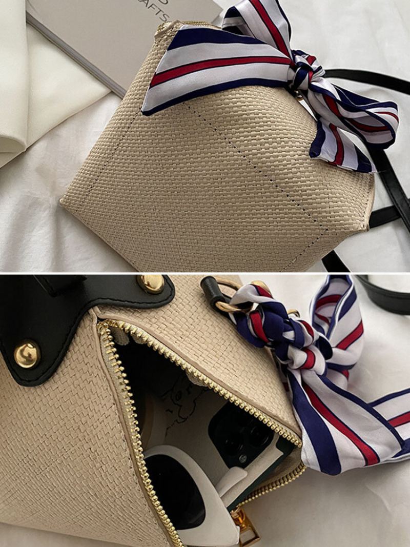 Dámská Kabelka Ze Slámové Ležérní Tkaniny Krásná Hedvábná Šála Jednobarevná Crossbody Bag