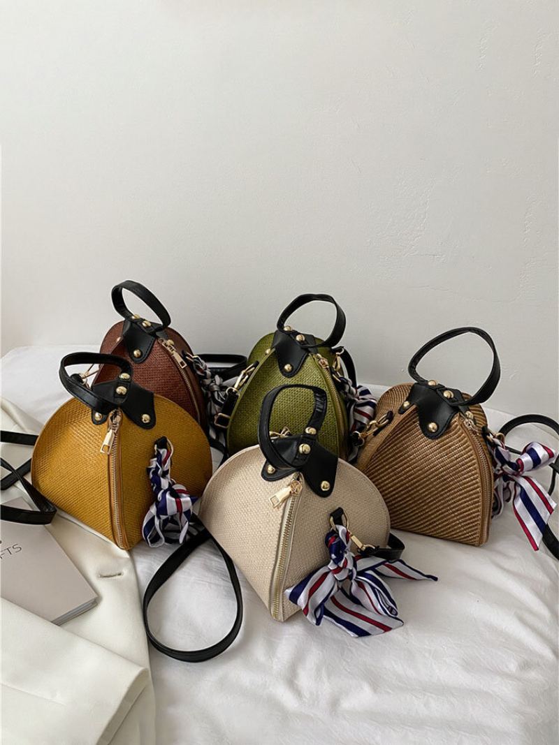 Dámská Kabelka Ze Slámové Ležérní Tkaniny Krásná Hedvábná Šála Jednobarevná Crossbody Bag