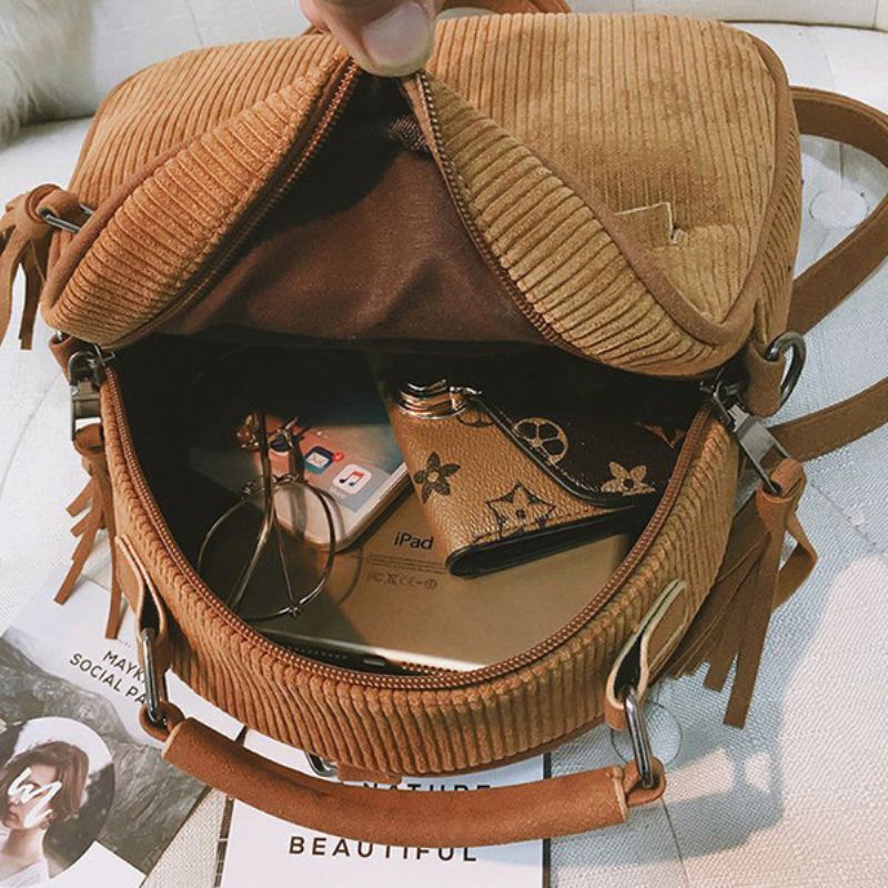 Dámská Manšestrová Multifunkční Crossbody Taška Tassel Pevný Batoh Vintage Přes Rameno