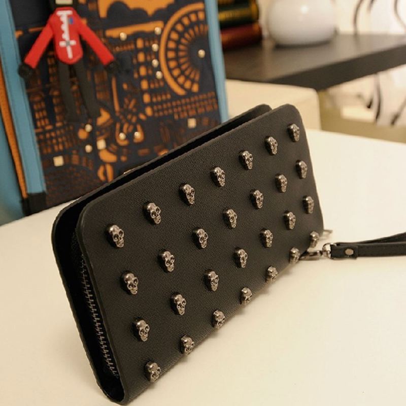 Dámská Peněženka Vintage Punk Skull Bag Dámské Pu Kožené Peněženky Dlouhá Cestovní Wristlet Clutch