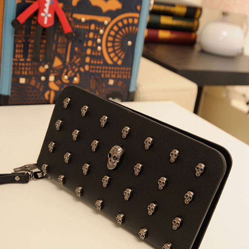 Dámská Peněženka Vintage Punk Skull Bag Dámské Pu Kožené Peněženky Dlouhá Cestovní Wristlet Clutch