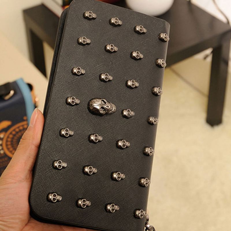 Dámská Peněženka Vintage Punk Skull Bag Dámské Pu Kožené Peněženky Dlouhá Cestovní Wristlet Clutch