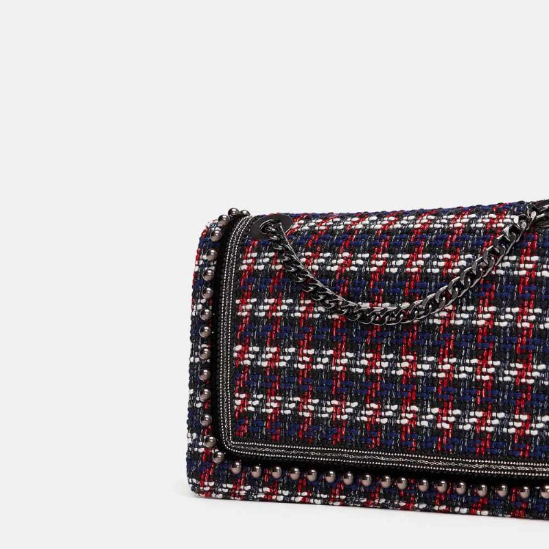 Dámská Prošívaná Kabelka Cross Body Do Ruky Módní Kostkované Pu Kožené Korálky Dekorace Přes Rameno