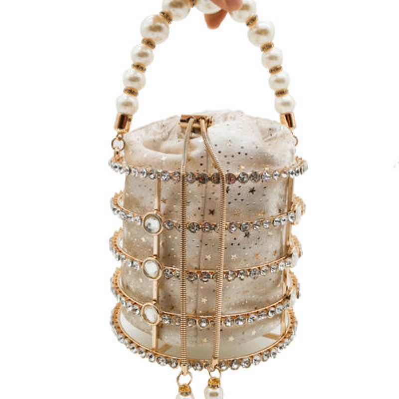 Dámská Taška Totes Bag Metal Bucket Bag Pearl Diamond Set Party Evening Bag S Vytahovacím Řetízkem Dutá