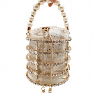 Dámská Taška Totes Bag Metal Bucket Bag Pearl Diamond Set Party Evening Bag S Vytahovacím Řetízkem Dutá