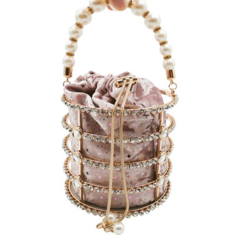 Dámská Taška Totes Bag Metal Bucket Bag Pearl Diamond Set Party Evening Bag S Vytahovacím Řetízkem Dutá