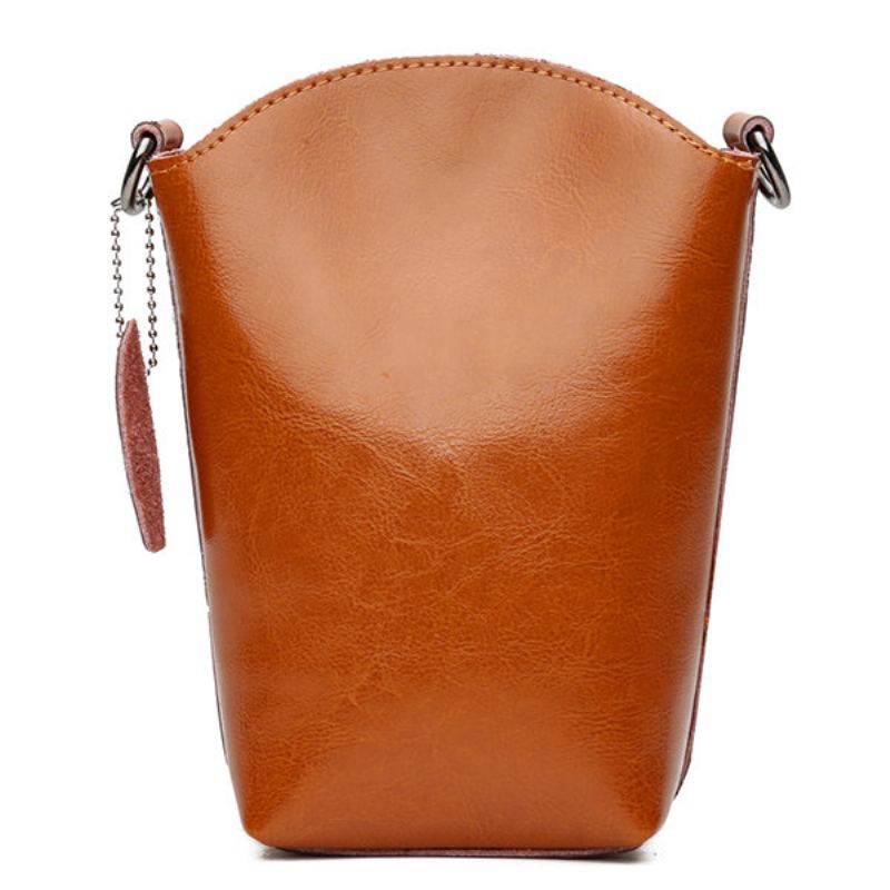 Dámská Taška Z Pravé Kůže Vintage Bucket Bag Pevná Kabelka Na Telefon Volný Čas Mini Crossbody