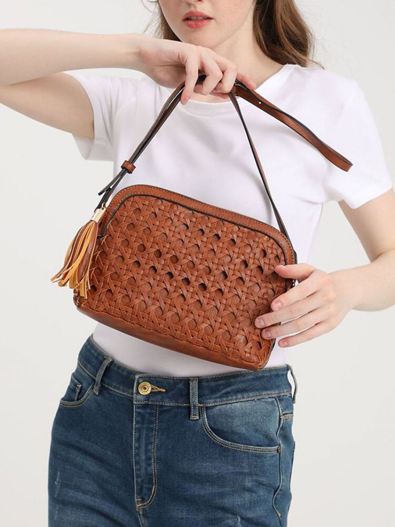 Dámská Umělá Kůže Vintage Tessel Velkokapacitní Crossbody Kabelka Módní Tkaná Taška