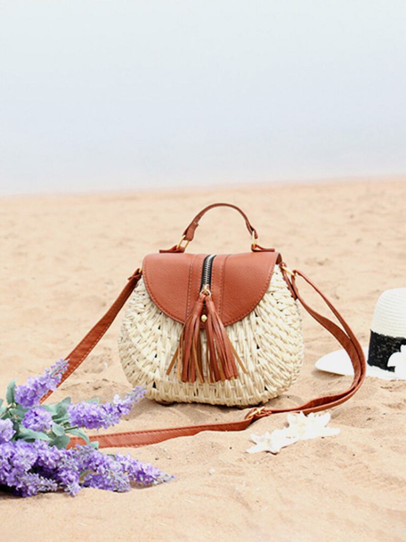 Dámské Cestovní Slaměné Plážové Tašky Tassel Patchwork Crossbody