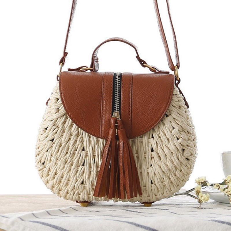 Dámské Cestovní Slaměné Plážové Tašky Tassel Patchwork Crossbody