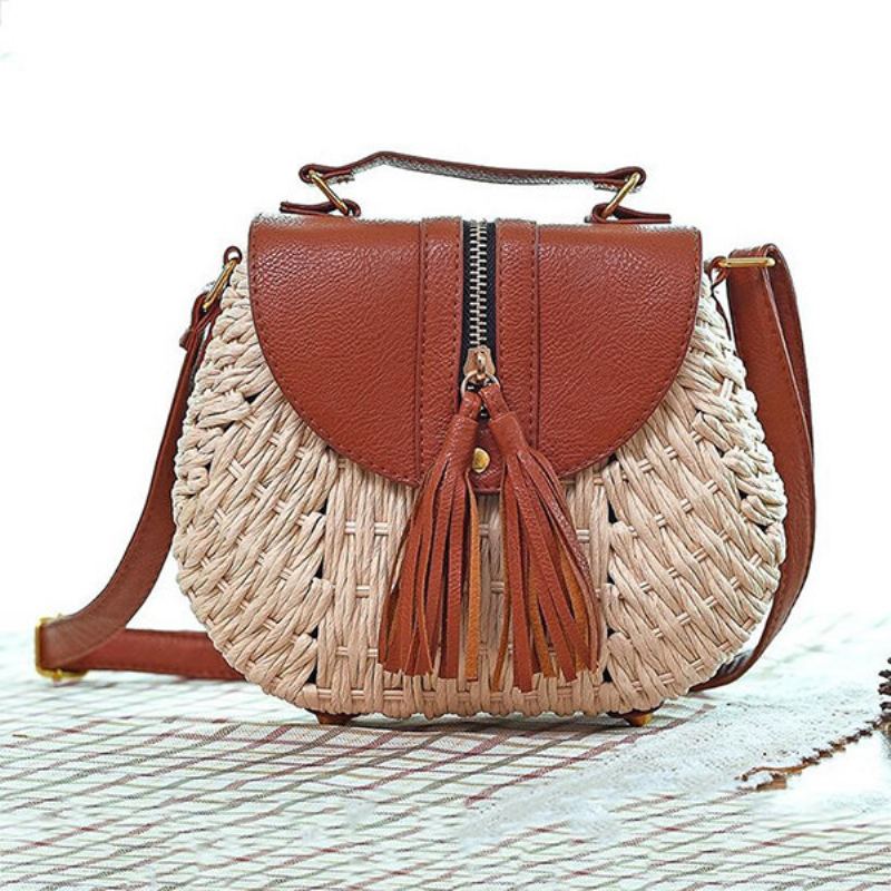 Dámské Cestovní Slaměné Plážové Tašky Tassel Patchwork Crossbody