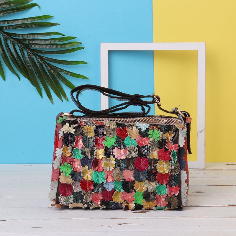 Dámské Crossbody Kabelky Z Pravé Přírodní Kůže Květinové Vintage Přes Rameno