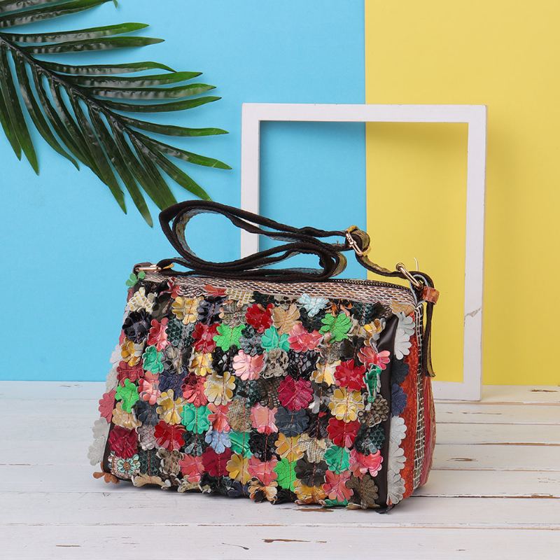 Dámské Crossbody Kabelky Z Pravé Přírodní Kůže Květinové Vintage Přes Rameno