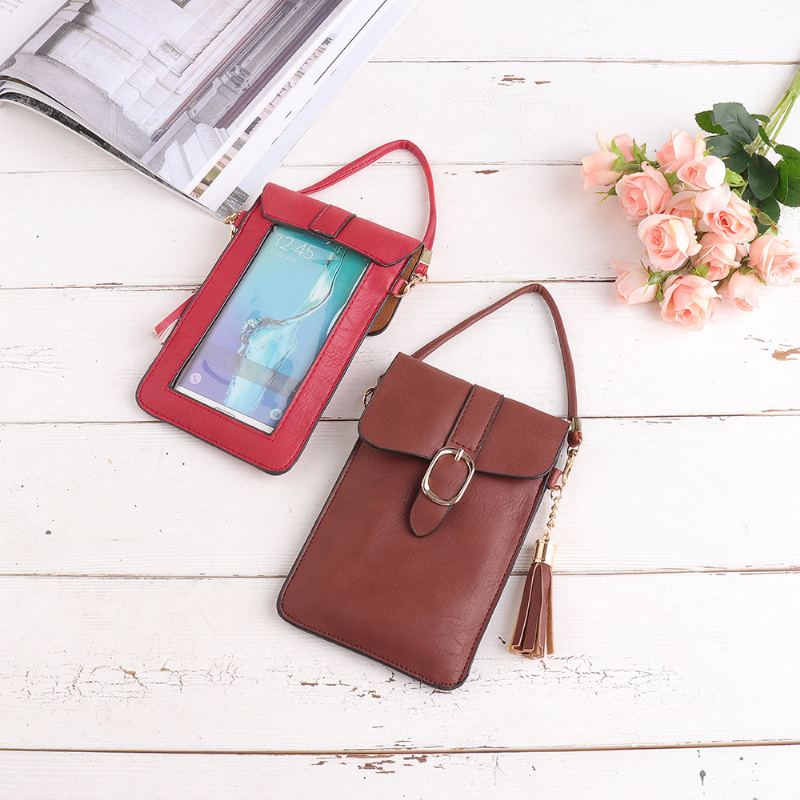 Dámské Pu Kožené Dotykové Obrazovky 5.5 Palcové Tašky Na Telefon Tassel Crossbody