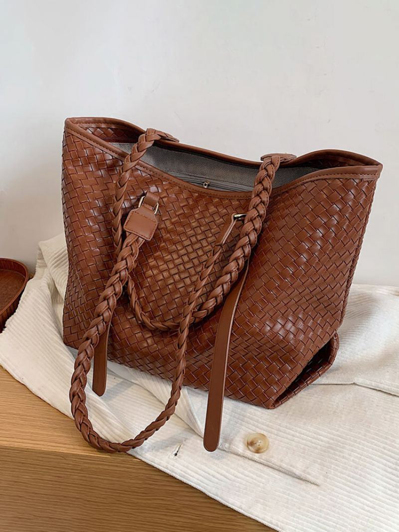 Dámské Vintage Pu Leather Weave Velkokapacitní Taška Přes Rameno Kabelka Tote