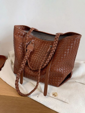 Dámské Vintage Pu Leather Weave Velkokapacitní Taška Přes Rameno Kabelka Tote