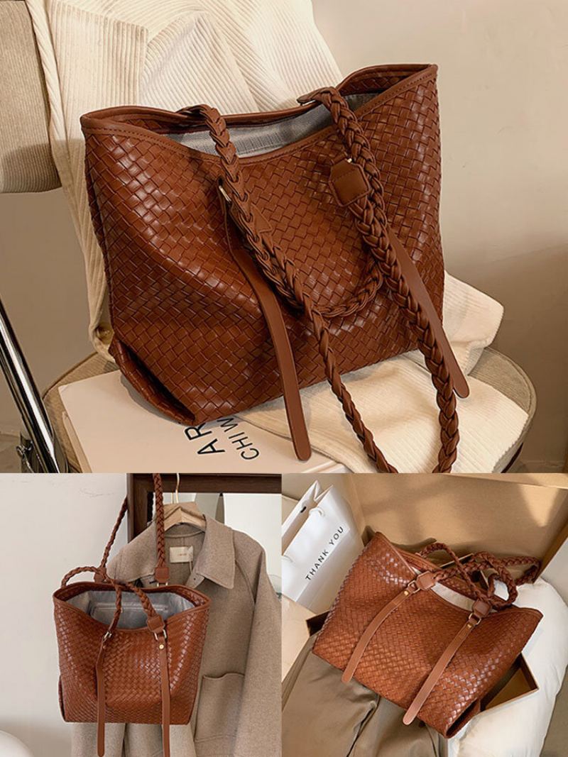 Dámské Vintage Pu Leather Weave Velkokapacitní Taška Přes Rameno Kabelka Tote