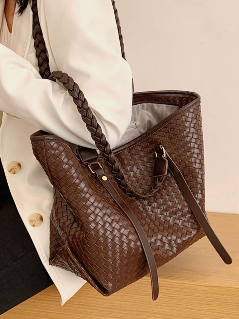 Dámské Vintage Pu Leather Weave Velkokapacitní Taška Přes Rameno Kabelka Tote