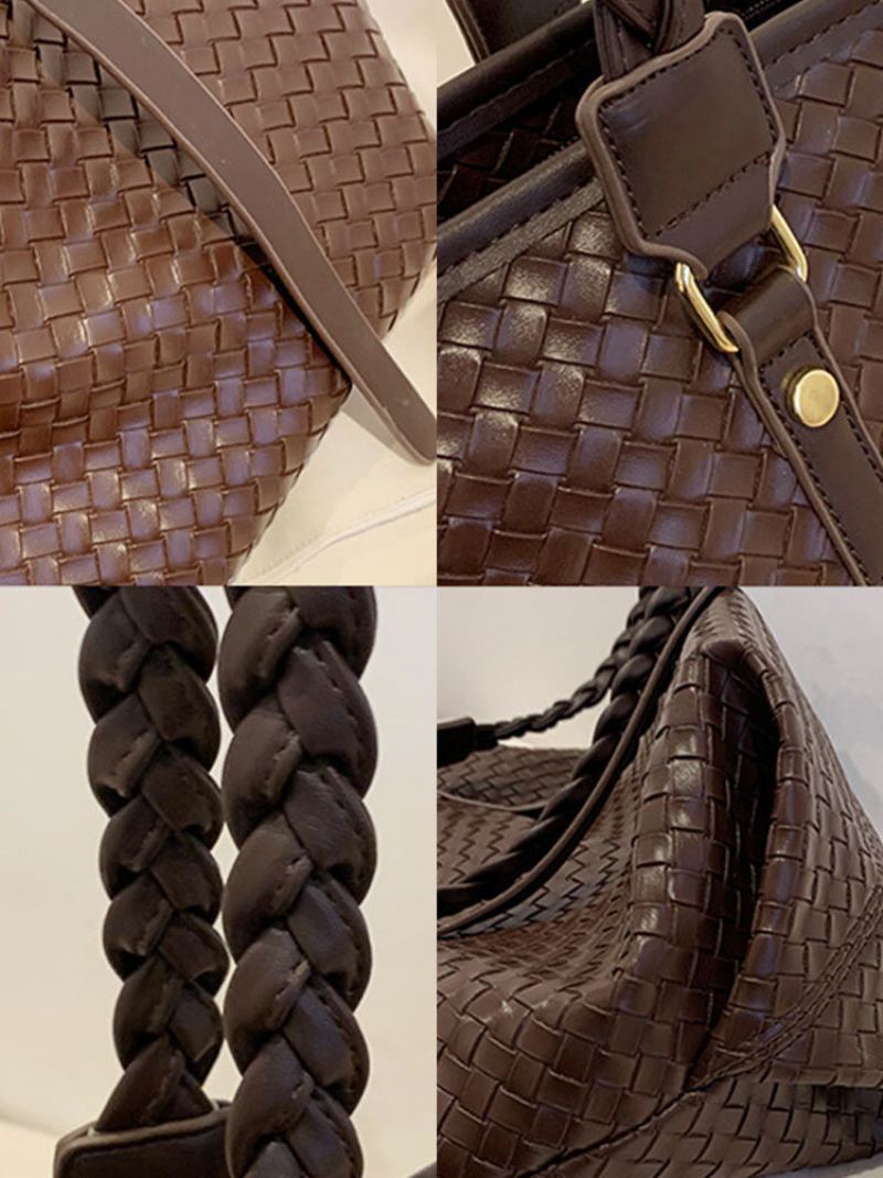 Dámské Vintage Pu Leather Weave Velkokapacitní Taška Přes Rameno Kabelka Tote