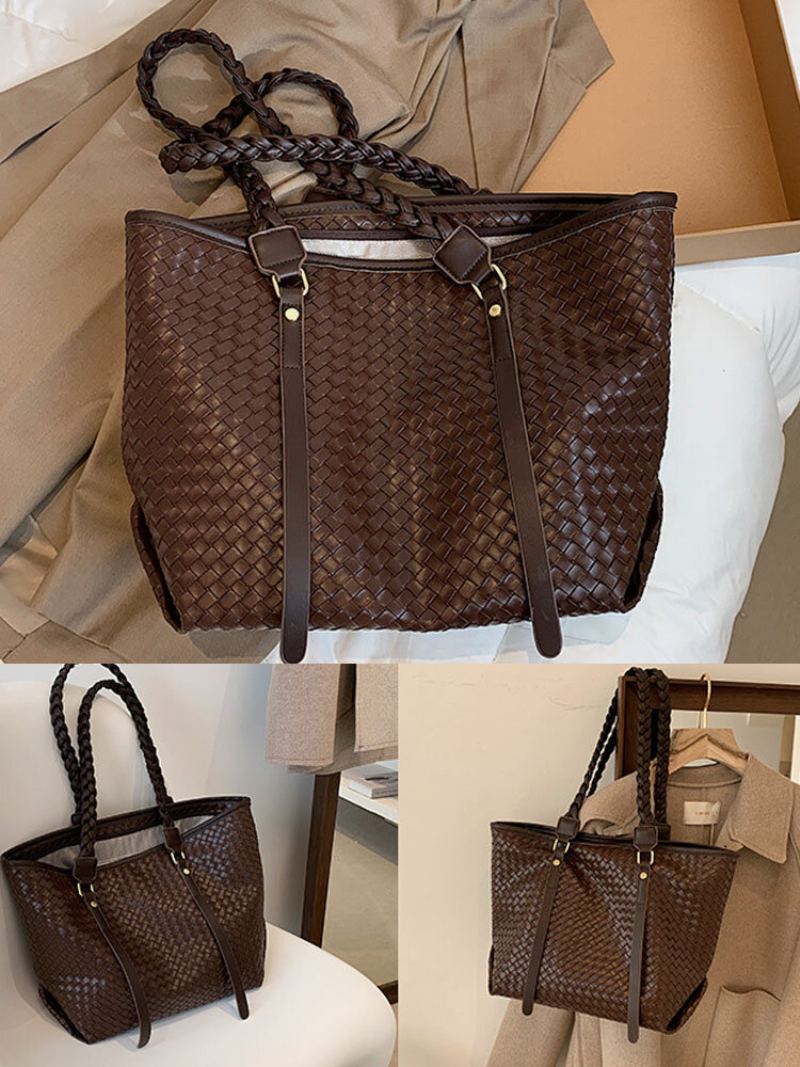 Dámské Vintage Pu Leather Weave Velkokapacitní Taška Přes Rameno Kabelka Tote